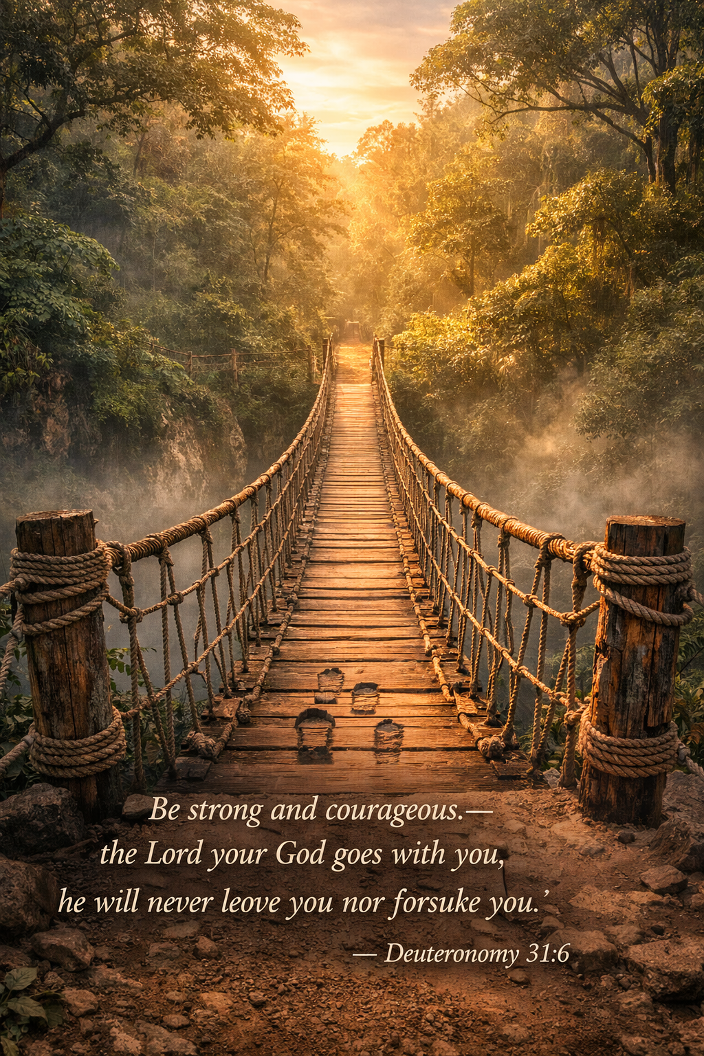 Rope bridge spanning misty jungle gorge sturdy well-anchored morning light filters through canopy crossing is safe -- Deuteronomy 31:6 vertical wallpaper